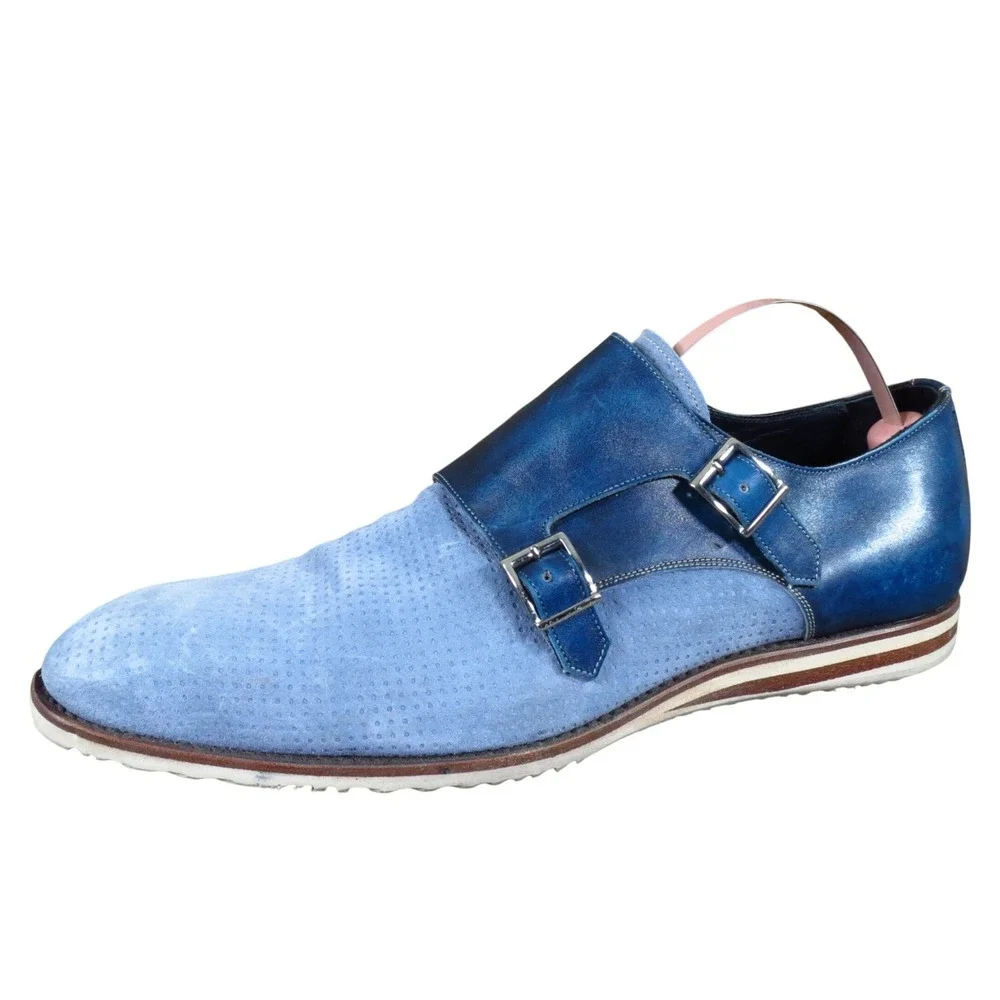 Dario Vis Men Double Monk‎ Strap Shoe Size 8 Dress Casual Blue Perforated Suede